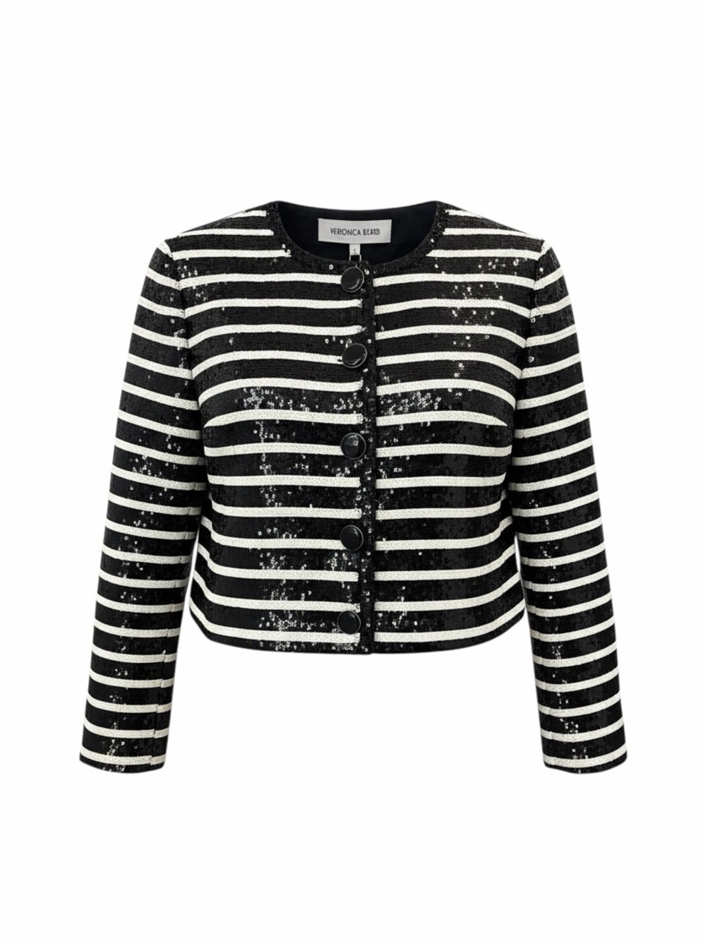 Veronica Beard Black and White Striped Sequin Cropped Blazer